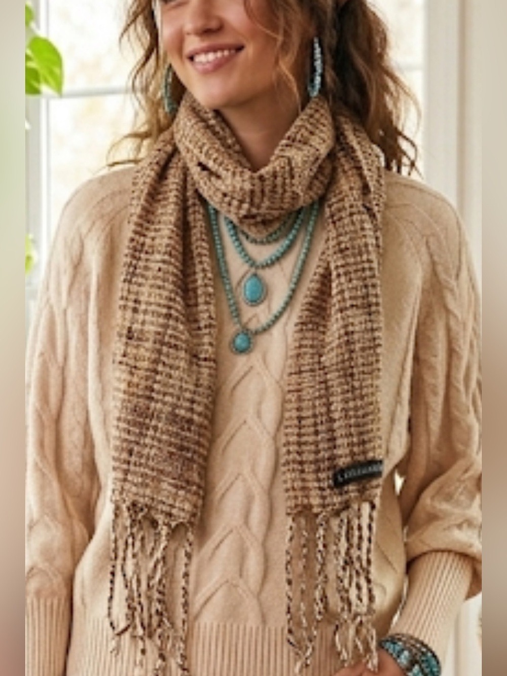 Lorraine Yu Handwoven Scarf Brown Tan Textured Fringe Artisan Cozy
